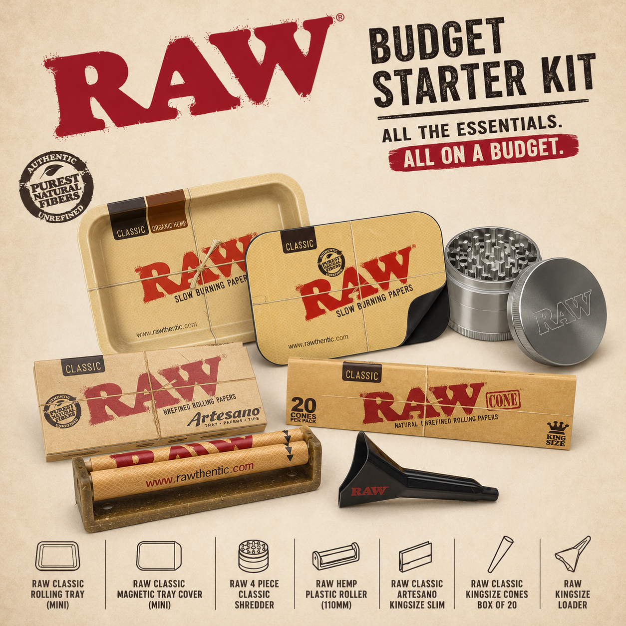 Budget RAW Starter Kit with Mini Rolling Tray, Magnetic Cover, 4-Piece Shredder, Hemp Roller, Artesano Papers, Kingsize Cones and Cone Loader