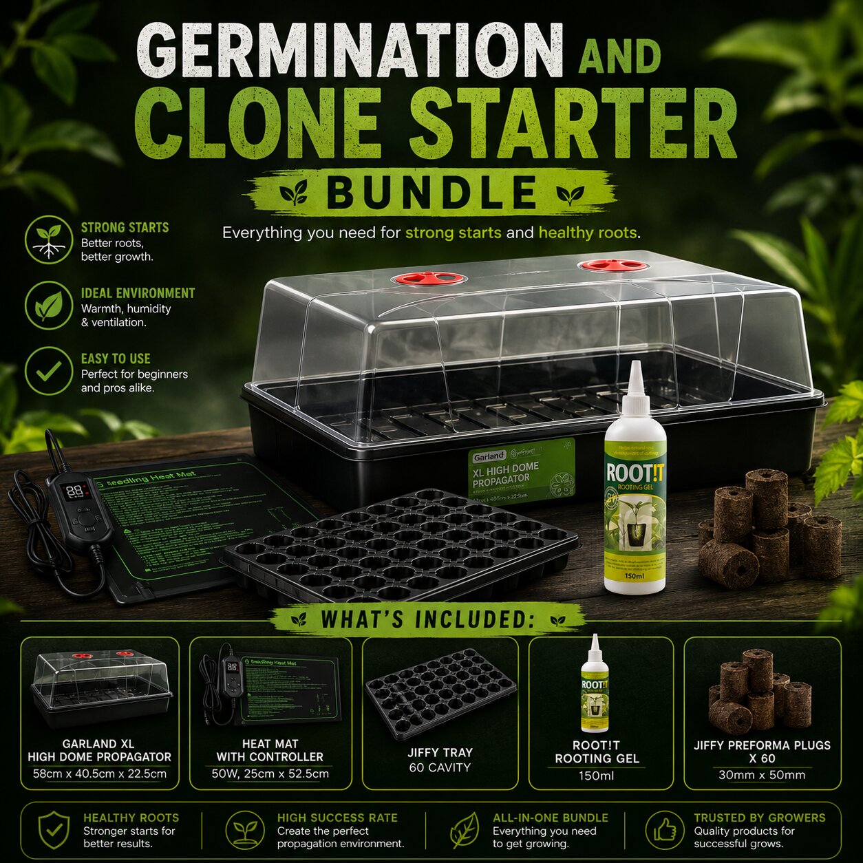 Germination and Clone Starter Bundle – Garland XL Propagator, Heat Mat, Jiffy Plugs & ROOT!T Rooting Gel