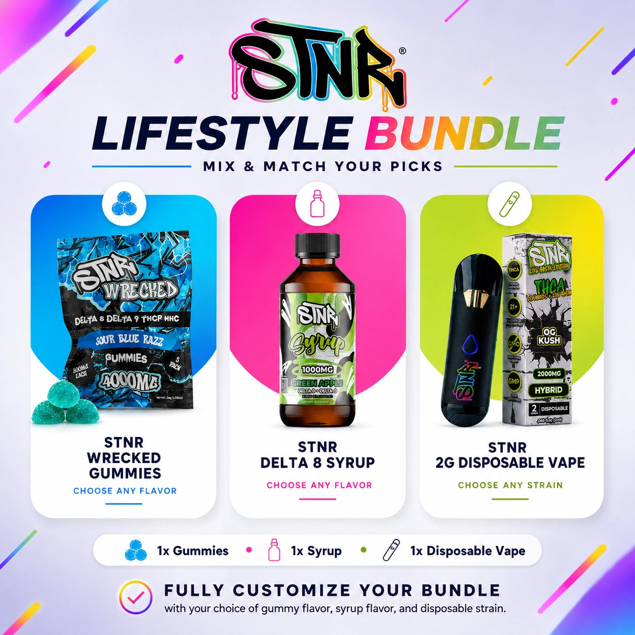 STNR Lifestyle Bundle – Delta 8 Wrecked Gummies, 1000mg Delta 8 Syrup and 2g Live Rosin & Diamonds Disposable Vape by STNR Creations