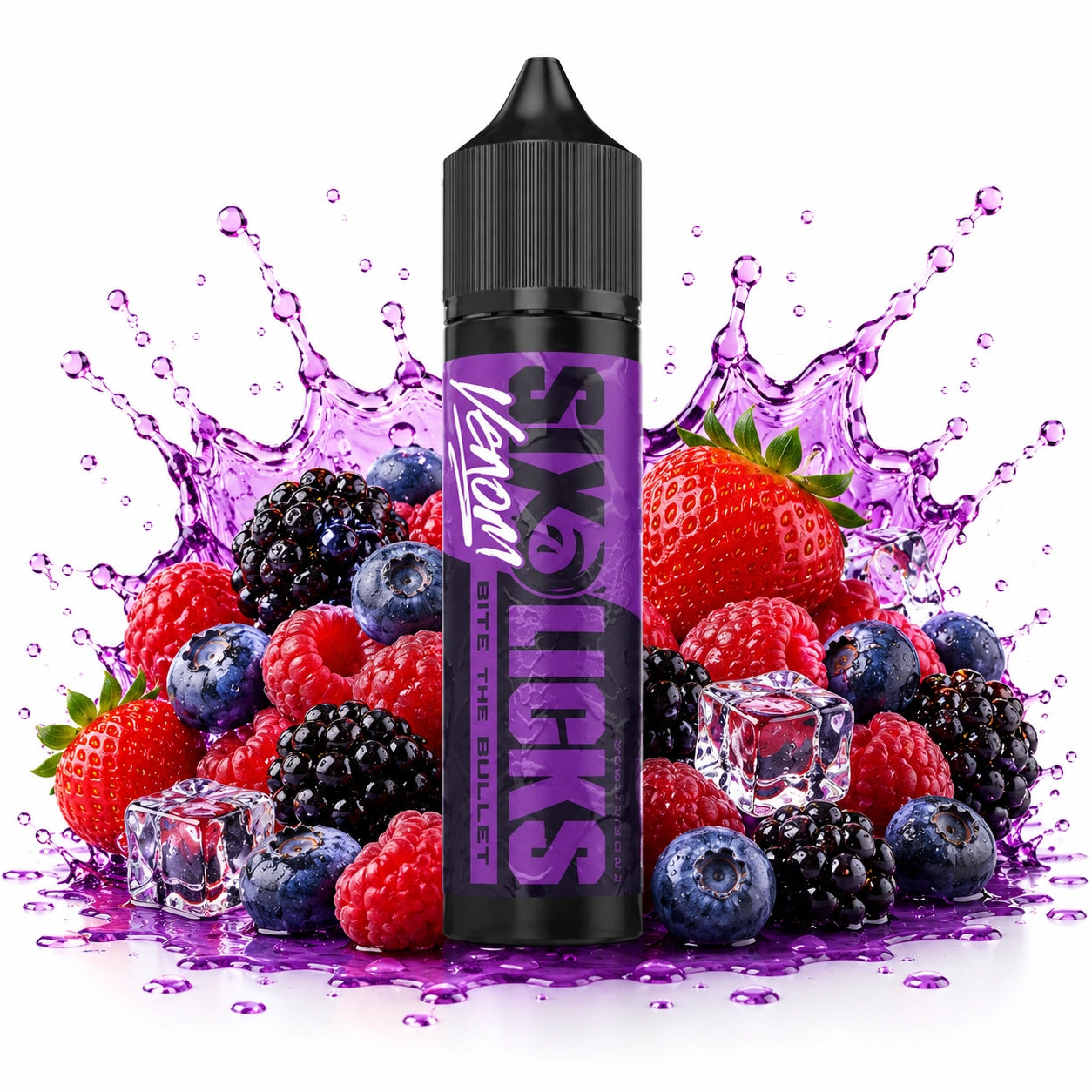 Six Licks Venom Bite The Bullet 60ml Nic Salt Longfill bottle with dark mixed berries, cassis and ice cubes