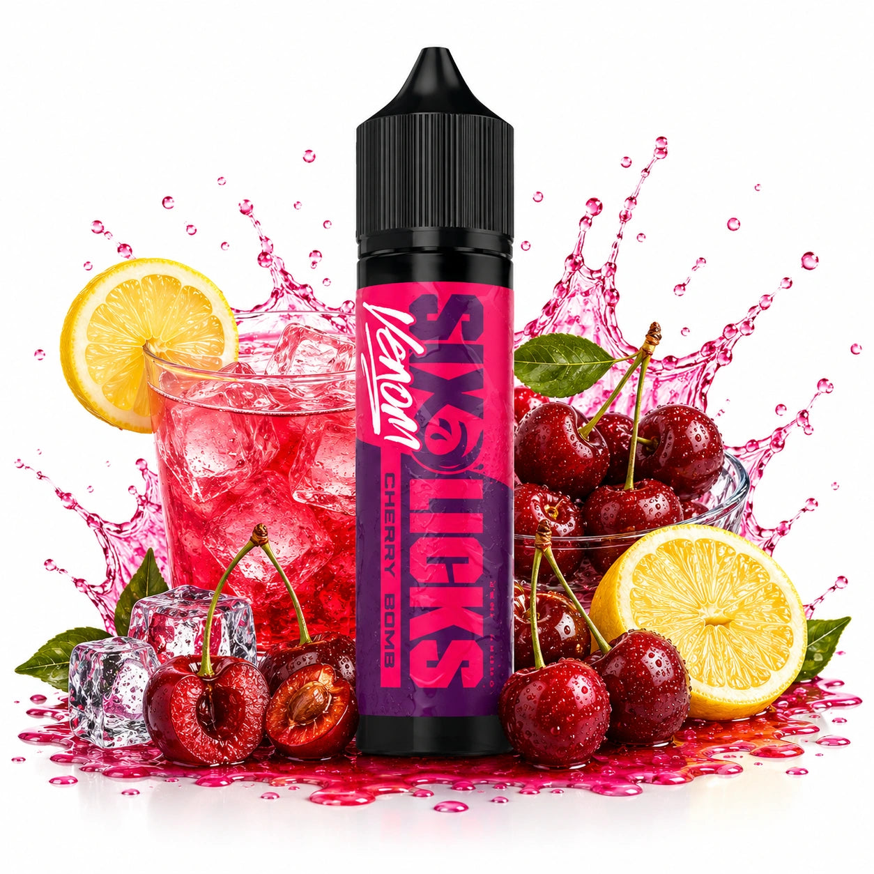 Six Licks Venom Cherry Bomb 60ml Nic Salt Longfill bottle with cherries, lemon lemonade drink and ice cubes