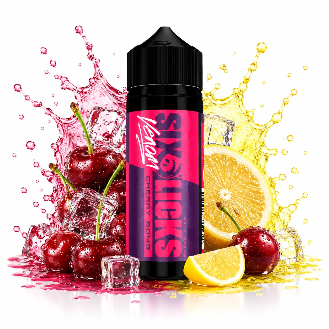 Six Licks Venom Cherry Bomb 120ml Longfill Aroma bottle with fresh cherries, lemon slices and ice cubes