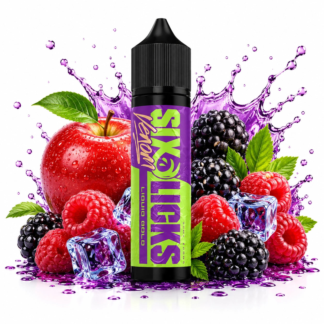 Six Licks Venom Liquid Gold 60ml Nic Salt Longfill bottle with blackberry, raspberry and green apple with ice cubes