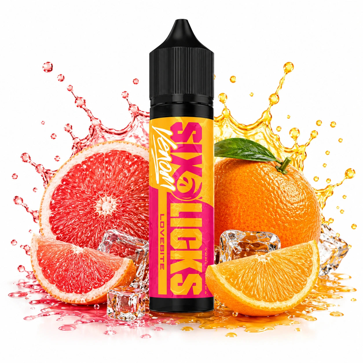 Six Licks Venom Love Bite 60ml Nic Salt Longfill bottle with grapefruit and orange slices with ice cubes