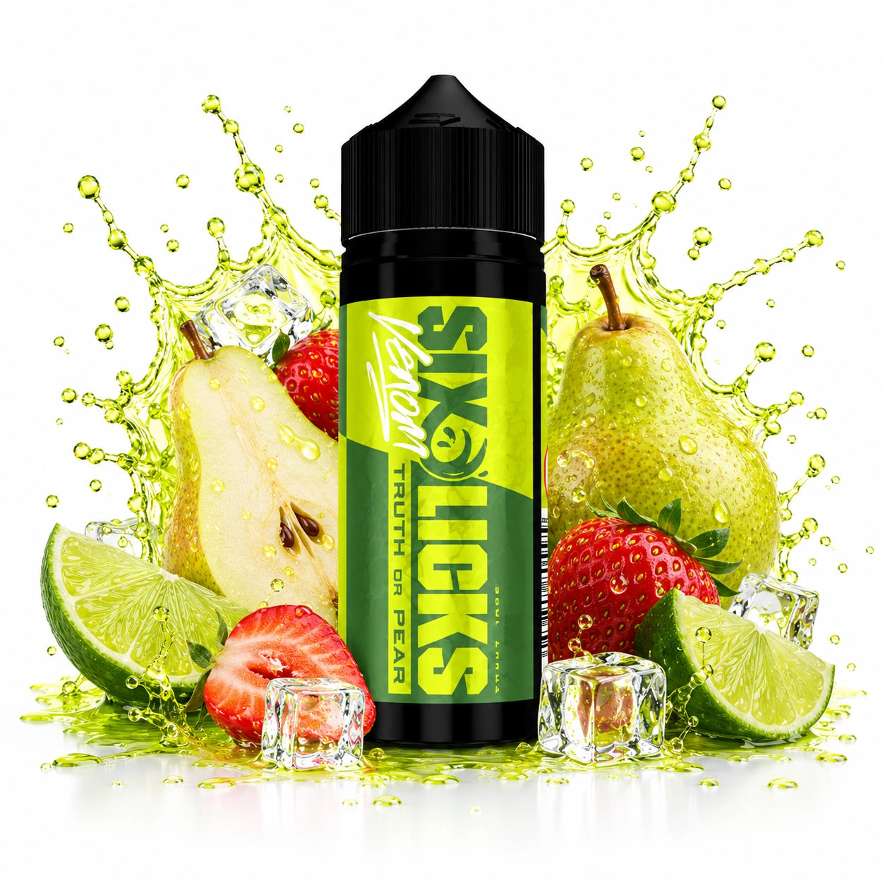 Six Licks Venom Truth Or Pear 120ml Longfill Aroma bottle with pear, strawberry and lime fruit