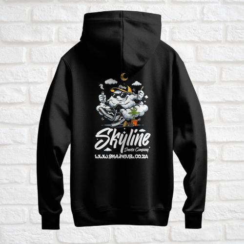 Black hoodie with a graphic design on the back against a white brick wall.