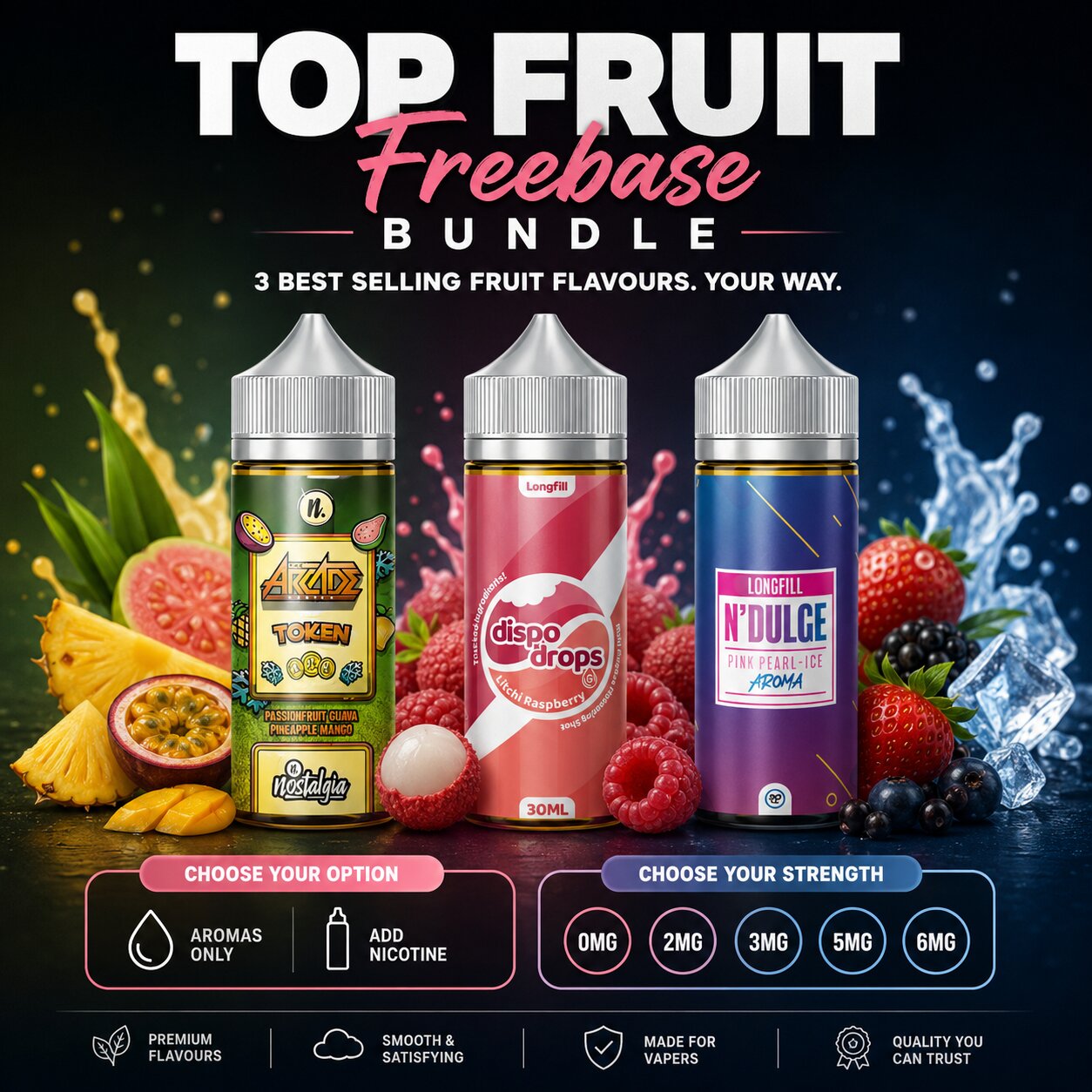Top Fruit Freebase Bundle – Nostalgia Arcade Token, G DROPS Litchi Raspberry & N'DULGE Pink-Pearl Ice Longfill
