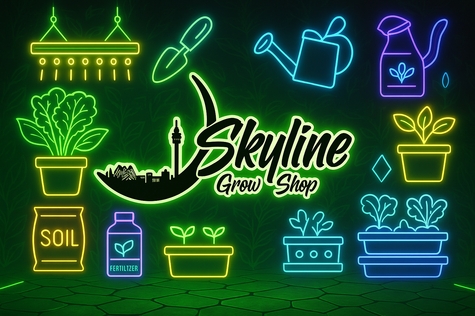 Enhanced Skyline Grow Shop Banner with Gardening Elements