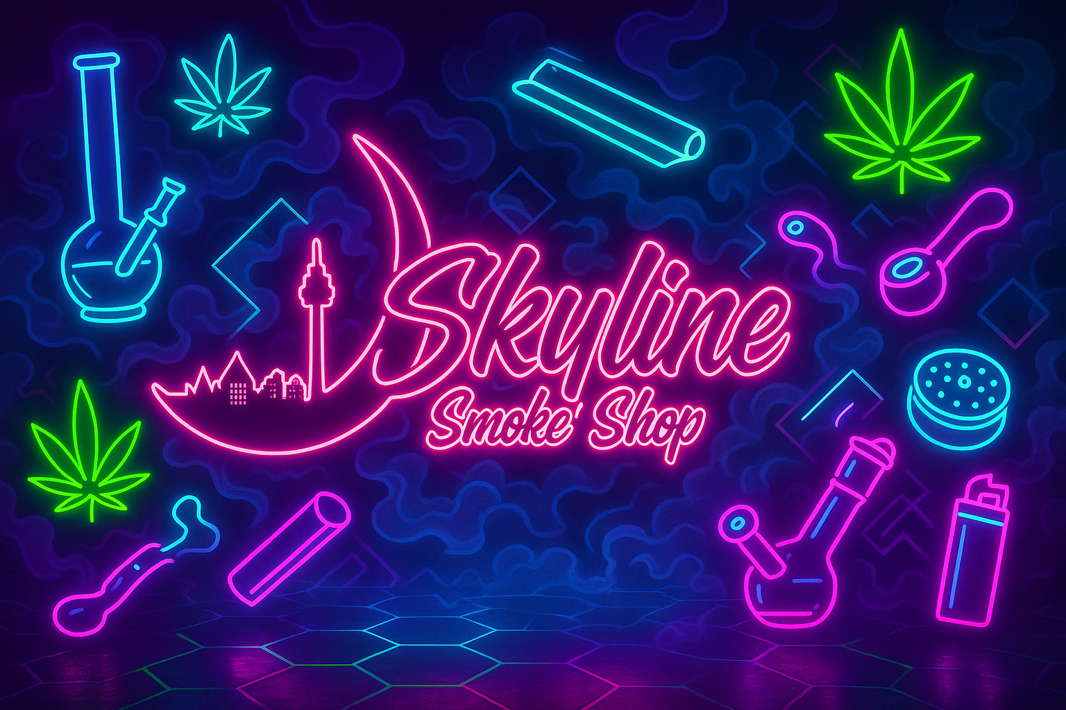 Enhanced Skyline Smoke Shop Banner with Stoner Elements