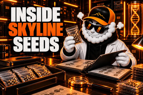 Smokey organises Skyline Seeds collectible packs in an orange-lit genetic archive