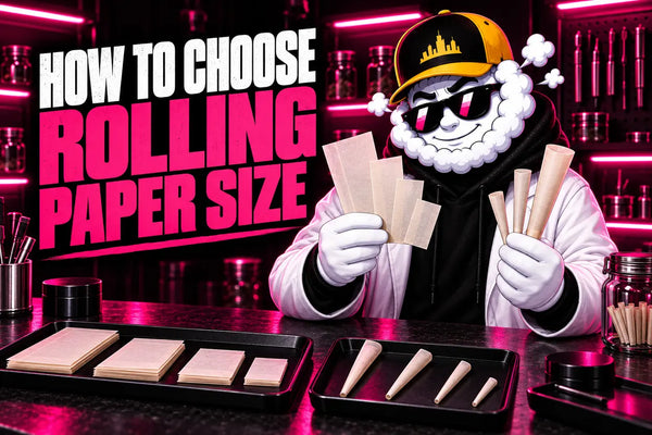 Smokey compares different rolling paper sizes and pre-rolled cones under pink Skyline lighting