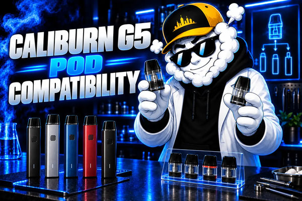 Smokey compares Caliburn G5 devices and GPP replacement pods under blue Skyline lighting