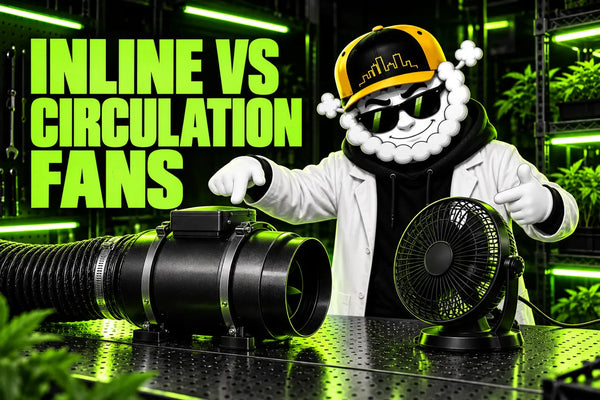 Smokey compares an inline extraction fan with a circulation fan under green Skyline lighting