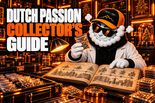 Smokey reviews Dutch Passion history and collectible seed packs under orange Skyline lighting