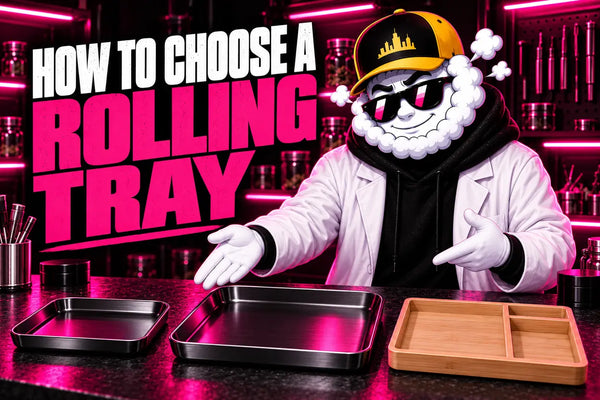 Smokey compares metal and bamboo rolling trays under pink Skyline lighting