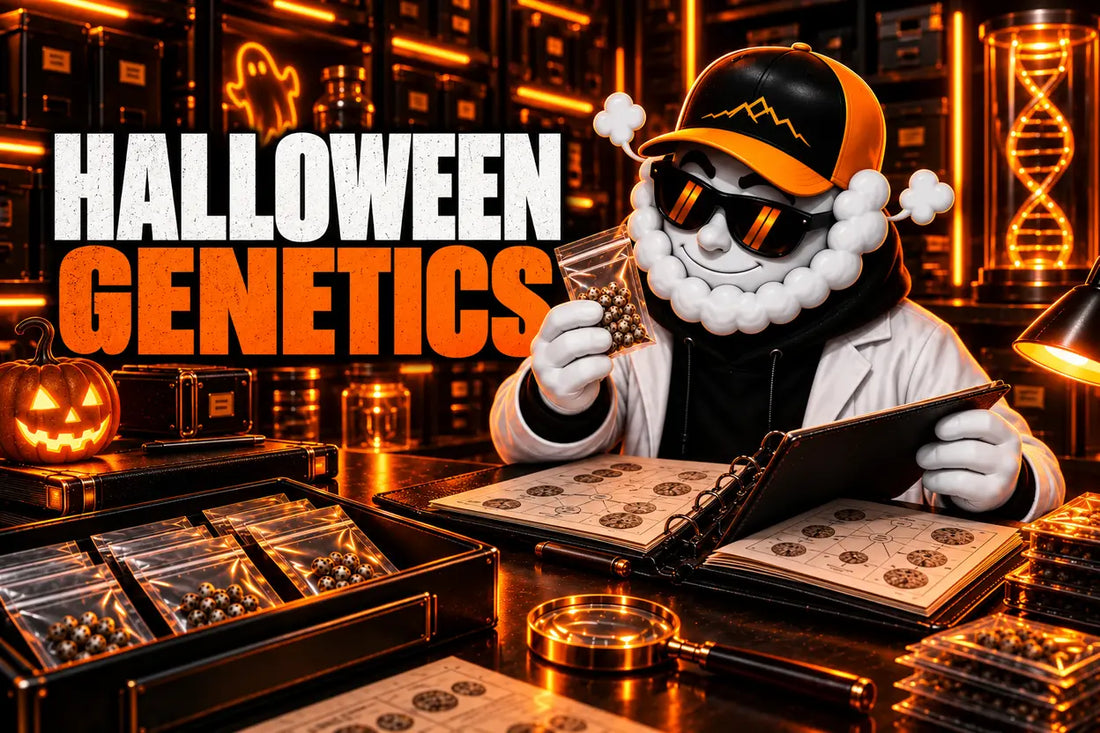 Smokey cataloguing Halloween-themed genetics in Skyline's orange seed archive