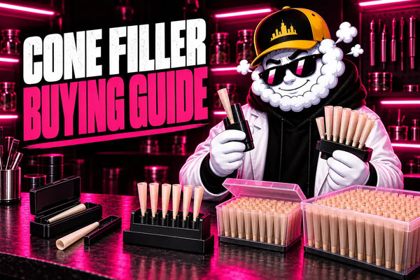 Smokey comparing cone filling tools in Skyline's pink smoke accessory laboratory