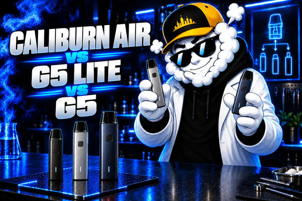 Smokey comparing the Caliburn Air, G5 Lite and G5 pod kits in Skyline's blue laboratory