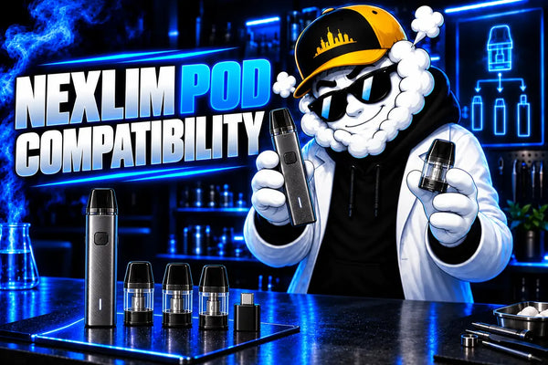 Smokey presenting the OXVA NeXLIM pod compatibility guide in Skyline's blue vape laboratory