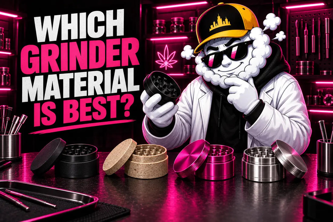 Smokey comparing plastic, hemp, aluminium and steel grinders
