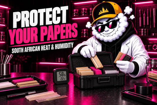 Smokey protecting rolling papers from South African heat and humidity