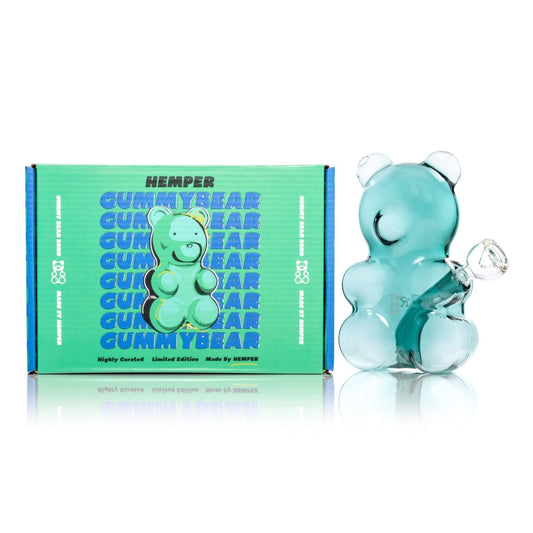 HEMPER Gummy Bear Water Pipe teal glass with box front view