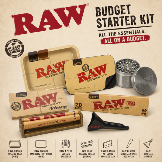 Budget RAW Starter Kit with Mini Rolling Tray, Magnetic Cover, 4-Piece Shredder, Hemp Roller, Artesano Papers, Kingsize Cones and Cone Loader


