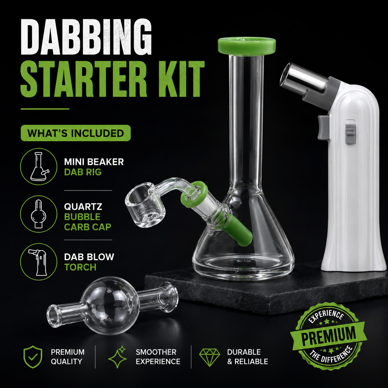 Dabbing Starter Kit with Mini Beaker Dab Rig, Quartz Bubble Carb Cap and Dab Blow Torch

