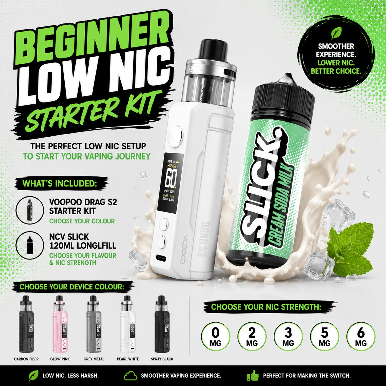 Beginner Low Nic Starter Kit – VooPoo Drag S2 vape kit with NCV Slick 120ml Longfill e-liquid. Available in multiple colours and nicotine strengths (0mg, 2mg, 3mg, 5mg, 6mg), ideal for beginner vapers switching to low nicotine vaping.