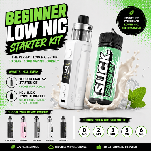 Beginner Low Nic Starter Kit – VooPoo Drag S2 vape kit with NCV Slick 120ml Longfill e-liquid. Available in multiple colours and nicotine strengths (0mg, 2mg, 3mg, 5mg, 6mg), ideal for beginner vapers switching to low nicotine vaping.
