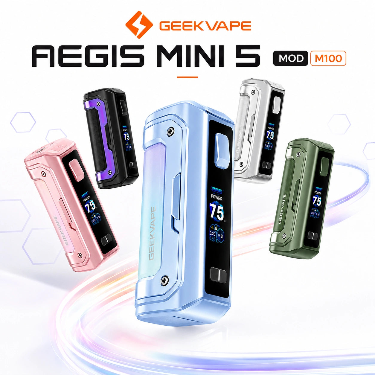 Geekvape Aegis Mini 5 Mod M100 100W box mod in multiple colours – Aqua Blue, Black, Polar Silver, Forest Green and Sunset Rose

