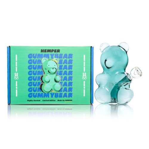 HEMPER Gummy Bear Water Pipe side profile teal glass white background