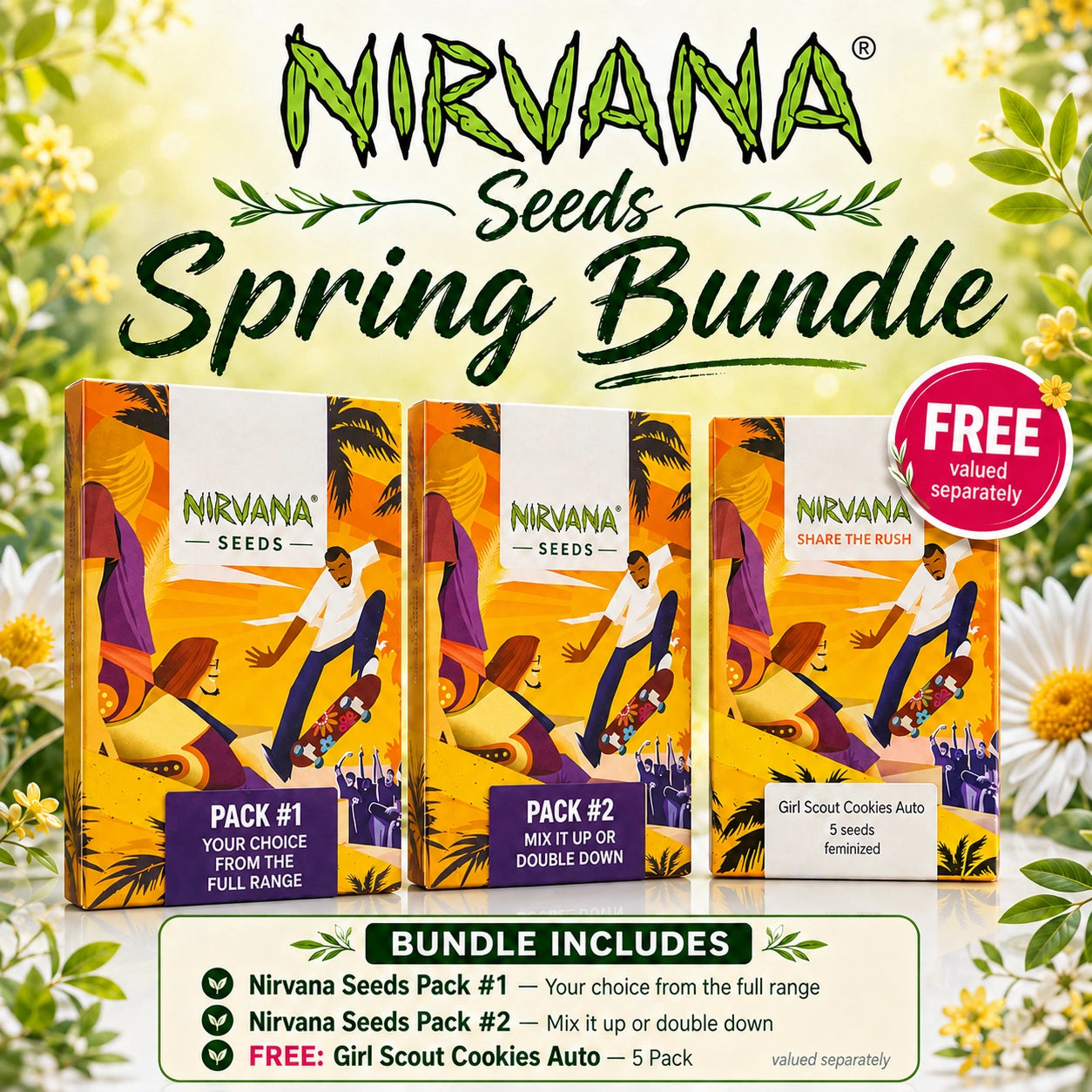 Nirvana Seeds Spring Bundle – 2 packs of your choice + free Girl Scout Cookies Auto 5 Pack – cannabis seeds South Africa


