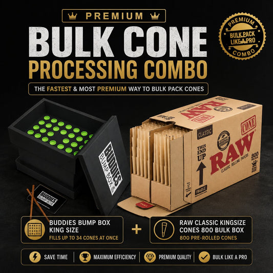 Premium Bulk Cone Processing Combo – Buddies Bump Box Kingsize & RAW Classic Kingsize Cones 800 Bulk Box

