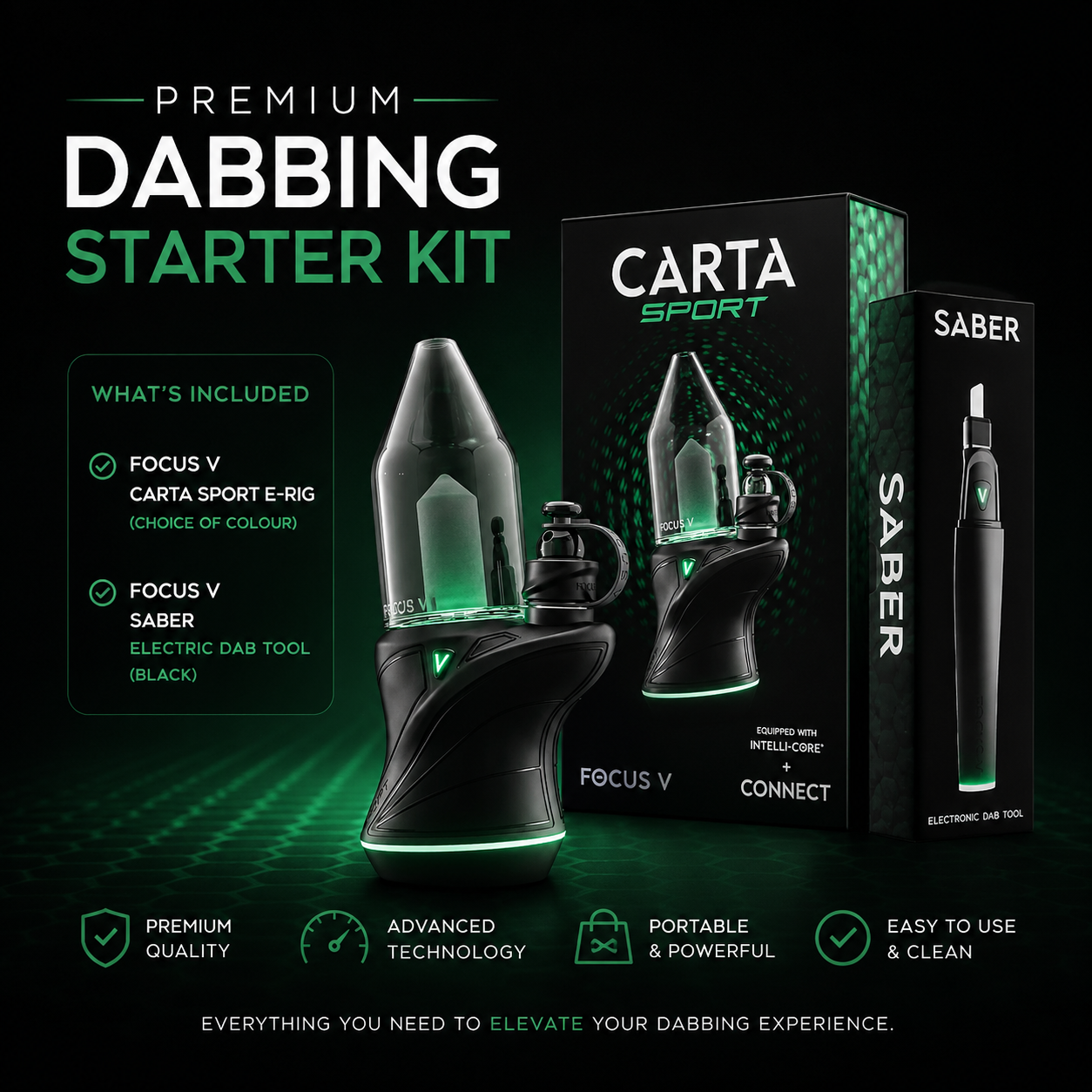 Premium Dabbing Starter Kit with Focus V CARTA SPORT E-Rig and SABER Electric Dab Tool


