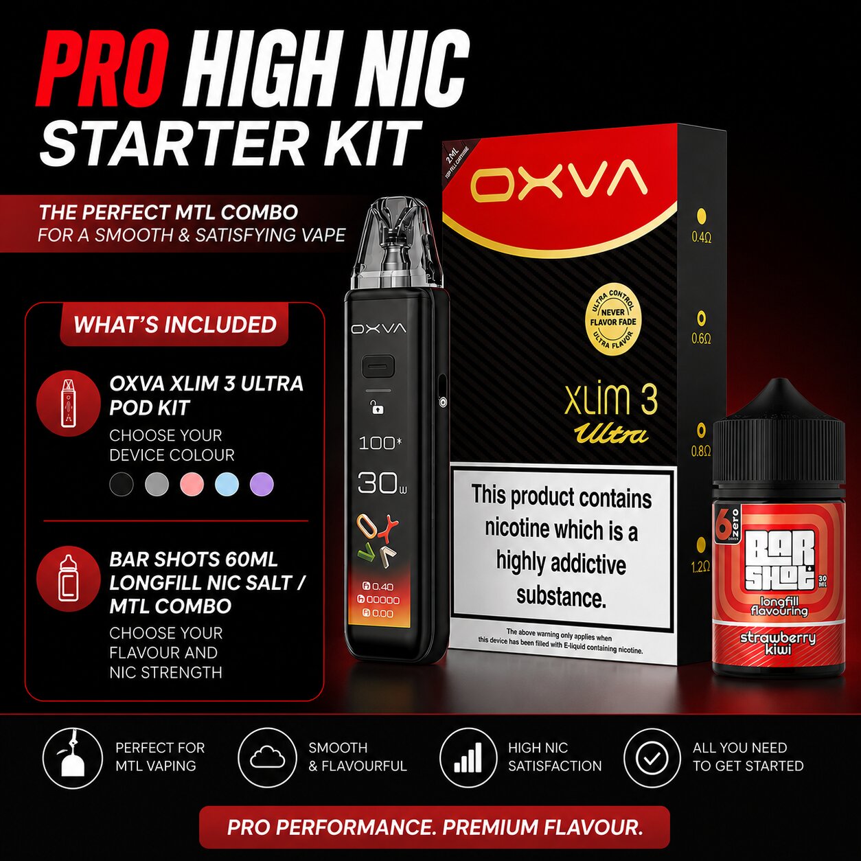 Pro High Nic Starter Kit with OXVA XLIM 3 Ultra Pod Kit and Bar Shots 60ml Nic Salt Longfill

