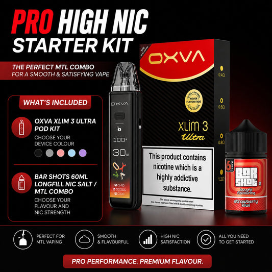 Pro High Nic Starter Kit with OXVA XLIM 3 Ultra Pod Kit and Bar Shots 60ml Nic Salt Longfill

