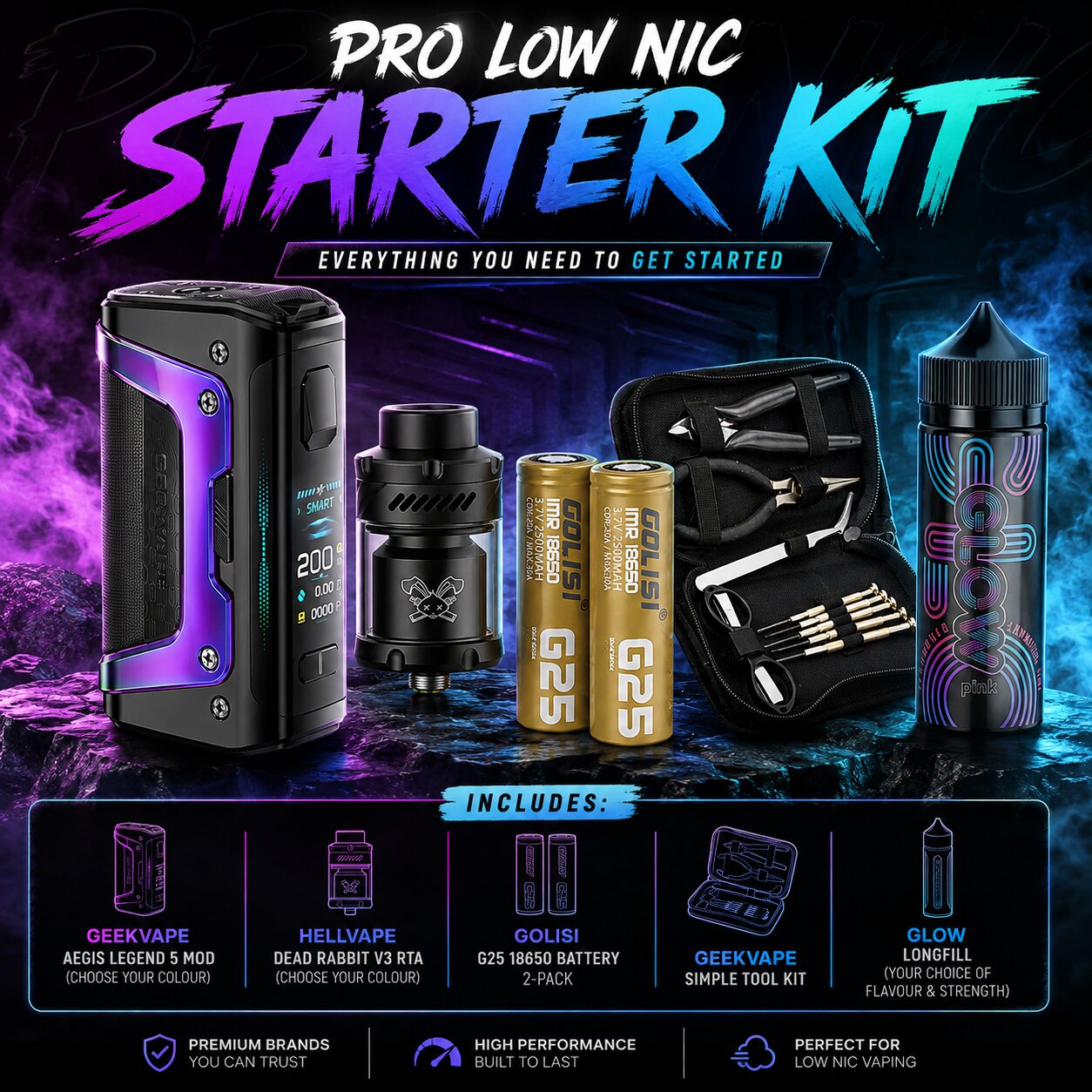 Pro Low Nic Starter Kit vape bundle with Geekvape Aegis Legend 5 200W Mod, Hellvape Dead Rabbit V3 RTA, Golisi G25 18650 battery pack, Geekvape DIY tool kit and Glow Longfill e-liquid. Complete rebuildable tank vaping starter kit for flavour-focused low nicotine vapers.