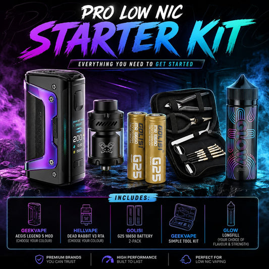 Pro Low Nic Starter Kit vape bundle with Geekvape Aegis Legend 5 200W Mod, Hellvape Dead Rabbit V3 RTA, Golisi G25 18650 battery pack, Geekvape DIY tool kit and Glow Longfill e-liquid. Complete rebuildable tank vaping starter kit for flavour-focused low nicotine vapers.