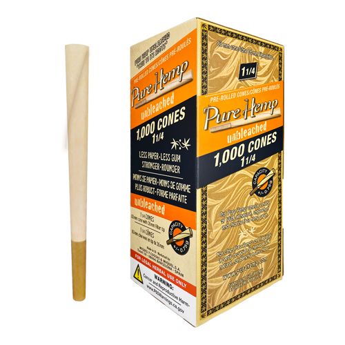 Box of Pure Hemp Unbleached pre-rolled cones with a single cone on a white background