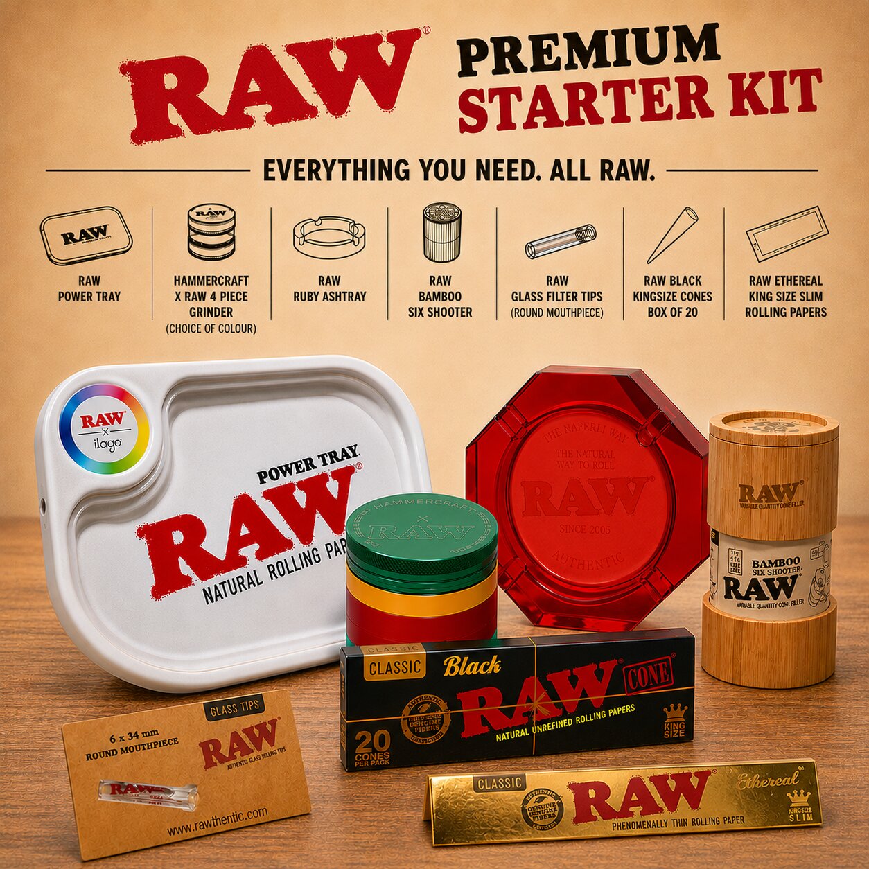 Premium RAW Starter Kit with RAW Power Tray, Hammercraft Grinder, Ruby Ashtray, Bamboo Six Shooter, Glass Filter Tips, Cones and Rolling Papers

