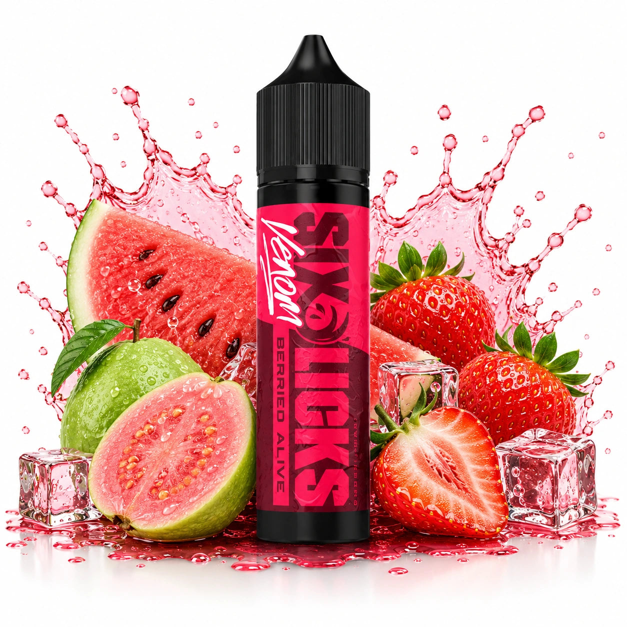 Six Licks Venom Berried Alive 60ml Nic Salt Longfill bottle with watermelon, guava and strawberries with ice cubes


