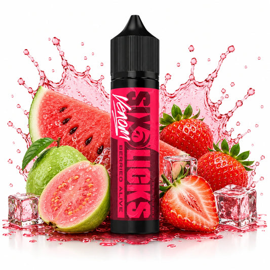 Six Licks Venom Berried Alive 60ml Nic Salt Longfill bottle with watermelon, guava and strawberries with ice cubes

