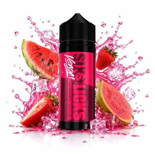 Six Licks Venom Berried Alive 120ml Longfill Aroma bottle with watermelon, guava, strawberry and ice cubes

