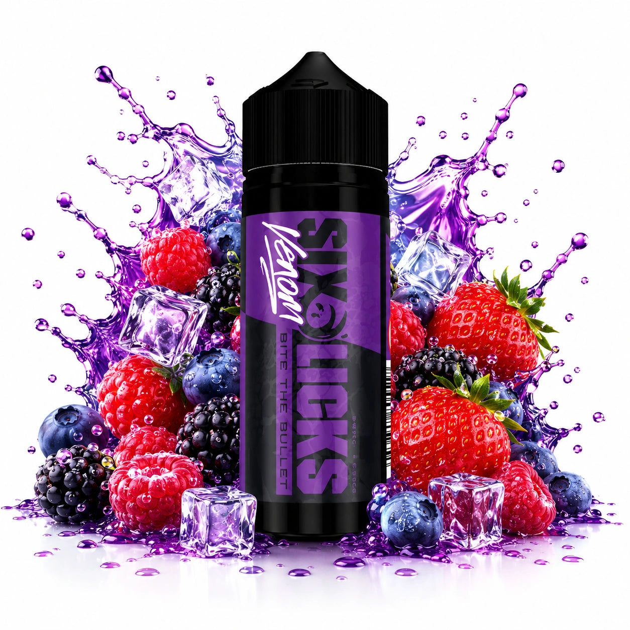 Six Licks Venom Bite The Bullet 120ml Longfill Aroma bottle with strawberry, raspberry, blackberry and blueberry with ice cubes

