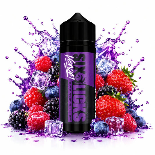 Six Licks Venom Bite The Bullet 120ml Longfill Aroma bottle with strawberry, raspberry, blackberry and blueberry with ice cubes

