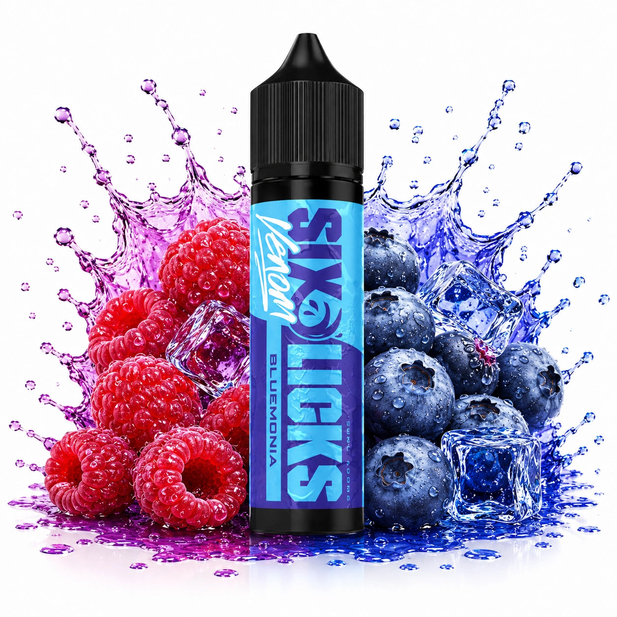 Six Licks Venom Bluemonia 60ml Nic Salt Longfill bottle with raspberries, blueberries and ice cubes

