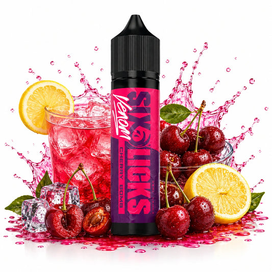 Six Licks Venom Cherry Bomb 60ml Nic Salt Longfill bottle with cherries, lemon lemonade drink and ice cubes

