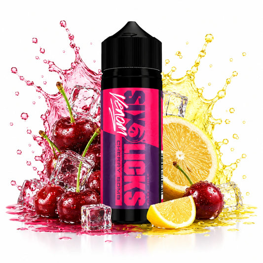 Six Licks Venom Cherry Bomb 120ml Longfill Aroma bottle with fresh cherries, lemon slices and ice cubes


