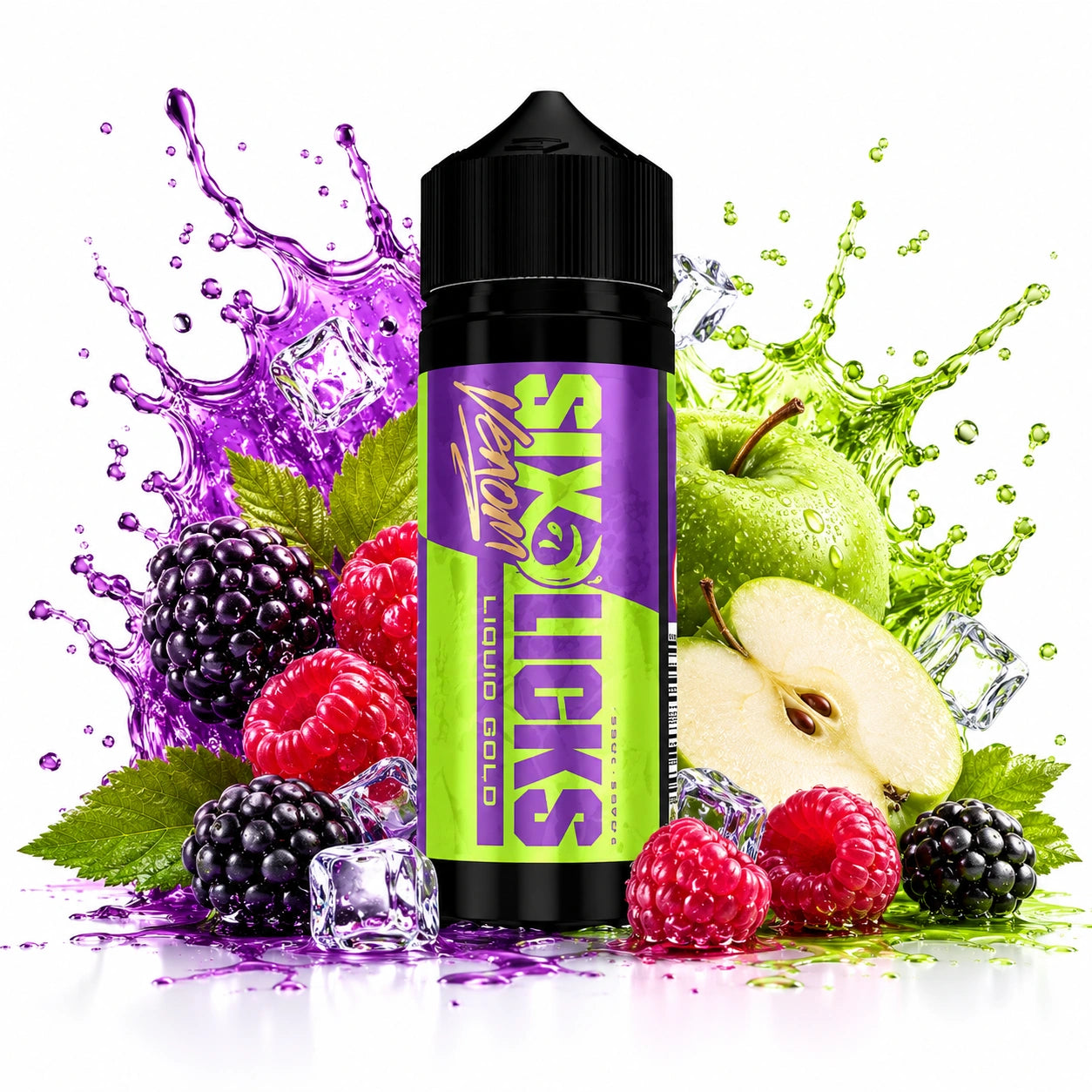 Six Licks Venom Liquid Gold 120ml Longfill Aroma bottle with blackberry, raspberry and green apple with ice cubes

